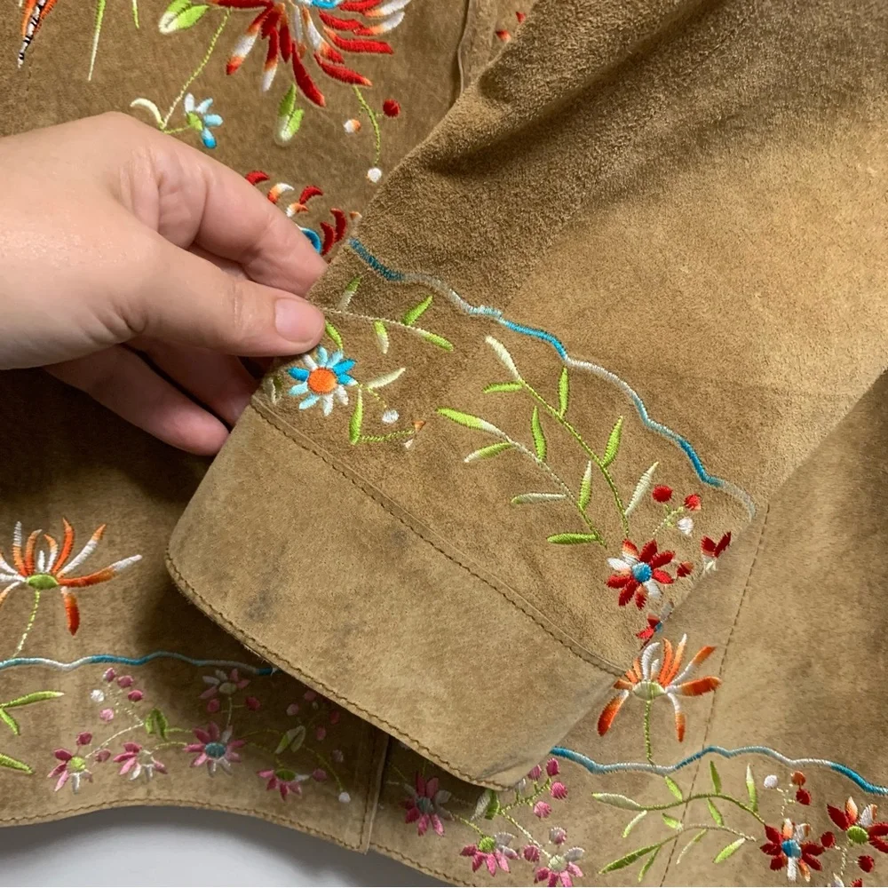 Vintage Avanti New York Small Tan Suede Leather Floral Bird Embroidered Jacket - Picture 11 of 15